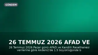26 Temmuz 2026 AFAD ve Kandilli Verileri: Akdeniz'de Sarsıntı Kaydedildi